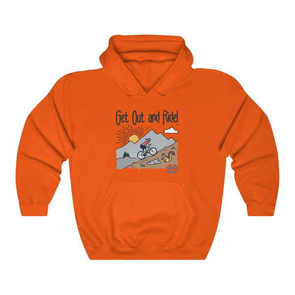 Get Out and Ride - Female Cyclist - Unisex Heavy Blend™ Hooded Sweatshirt - Front graphics