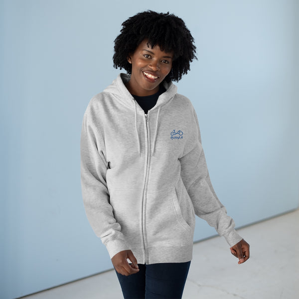 Get Out and Ride - Female Cyclist - Unisex Premium Full Zip Hoodie - Back graphics