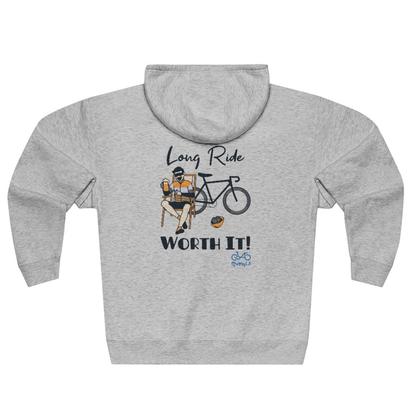 Long Ride, Worth It - Male Cyclist - Unisex Premium Full Zip Hoodie - Back graphics