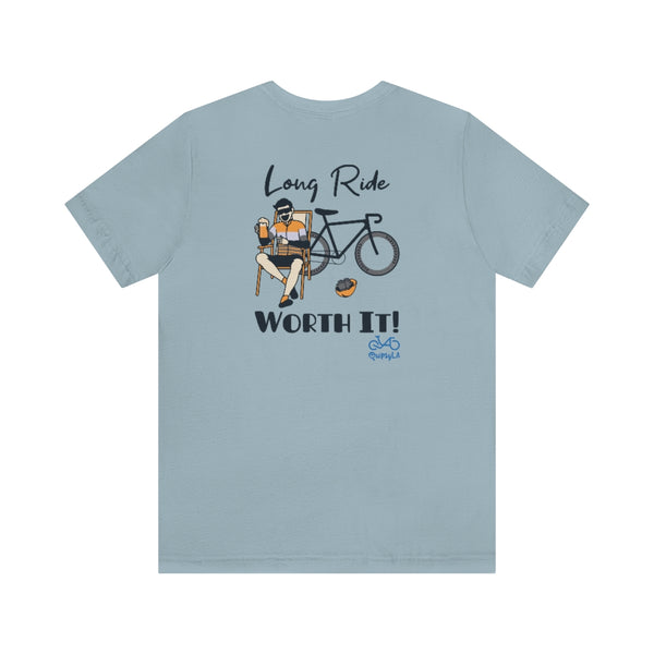 Back graphics - Long Ride, Worth It - Male Cyclist - Unisex Short Sleeve Tee