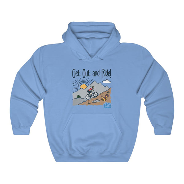 Get Out and Ride - Female Cyclist - Unisex Heavy Blend™ Hooded Sweatshirt - Front graphics