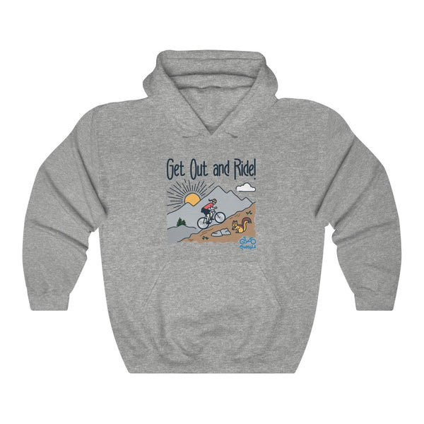 Get Out and Ride - Female Cyclist - Unisex Heavy Blend™ Hooded Sweatshirt - Front graphics