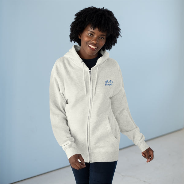 Get Out and Ride - Female Cyclist - Unisex Premium Full Zip Hoodie - Back graphics