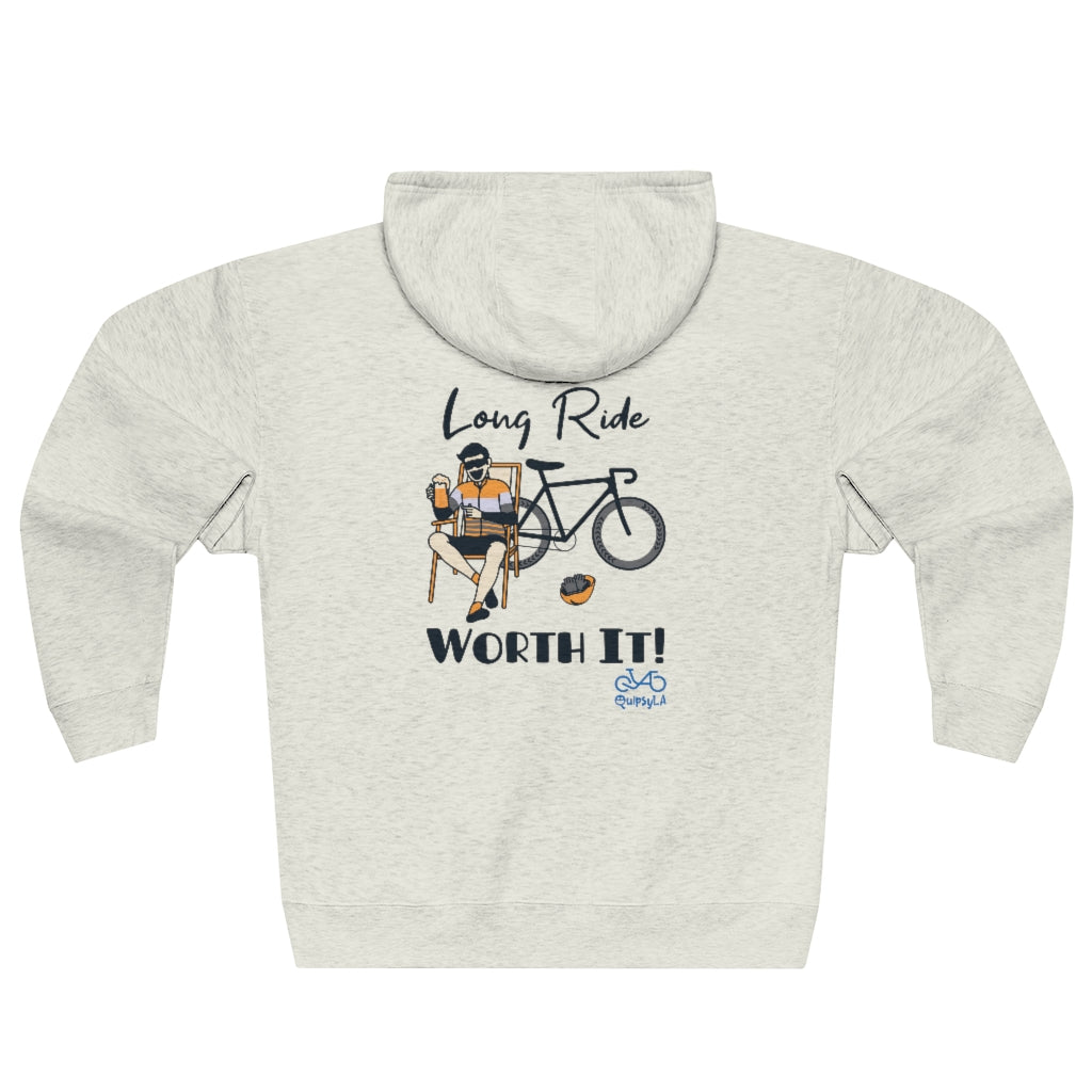 Long Ride, Worth It - Male Cyclist - Unisex Premium Full Zip Hoodie - Back graphics