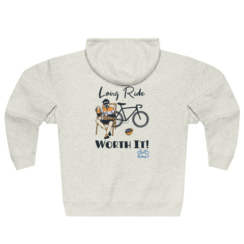 Long Ride, Worth It - Male Cyclist - Unisex Premium Full Zip Hoodie - Back graphics