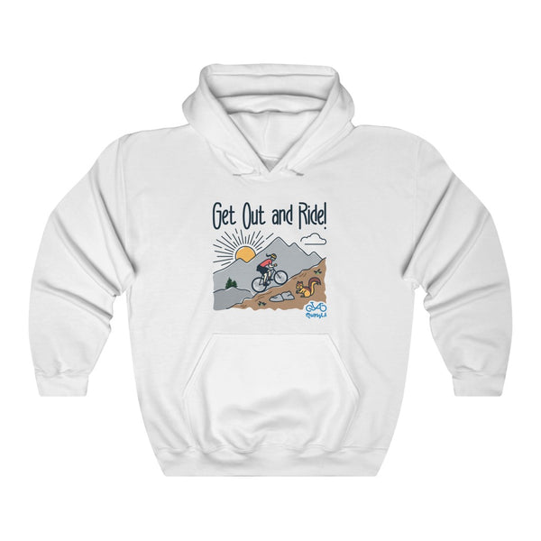 Get Out and Ride - Female Cyclist - Unisex Heavy Blend™ Hooded Sweatshirt - Front graphics