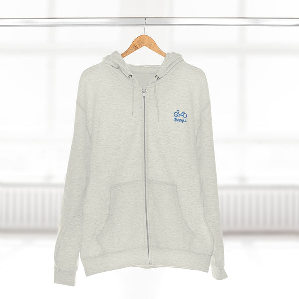 Get Out and Ride - Female Cyclist - Unisex Premium Full Zip Hoodie - Back graphics