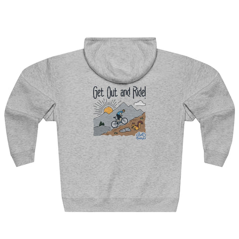 Get Out and Ride - Male Cyclist - Unisex Premium Full Zip Hoodie - Back graphics